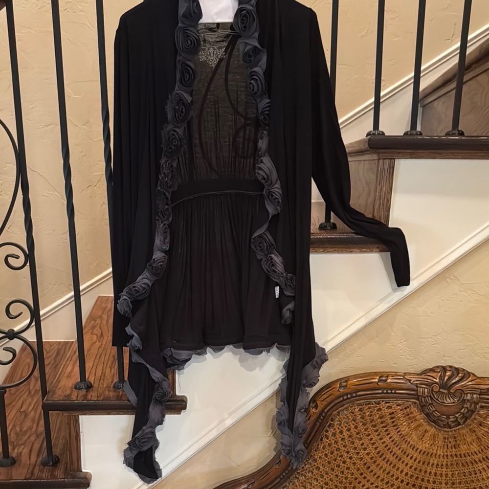 Black and Gray Asymmetrical Cardigan with Waterfall Front